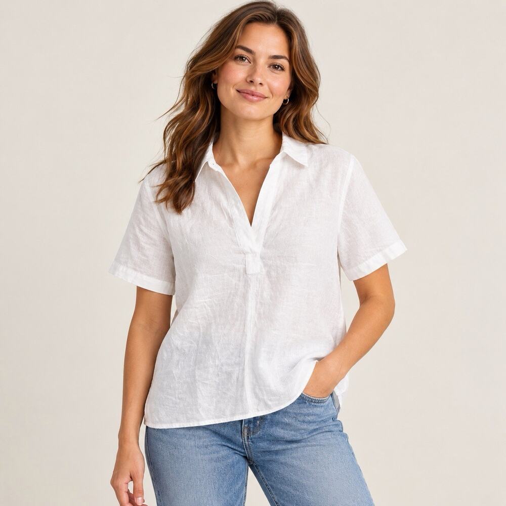 Quince 100% European Linen Popover Top White L NWT Coastal Resort Shirt Minimal